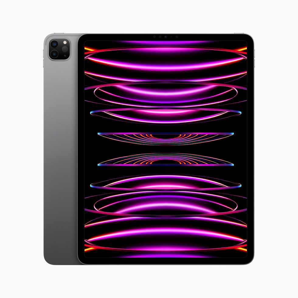 Space Gray iPad Pro 12.9-inch, sixth generation, shown from the front and back